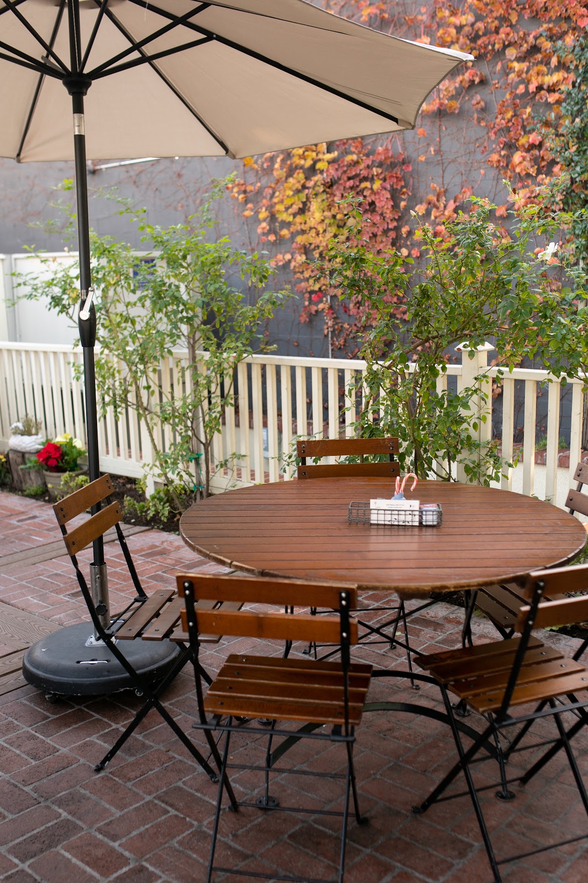 The side garden patio at Auntie's, with a bistro table under an umbrella and ivy turning red on the wall